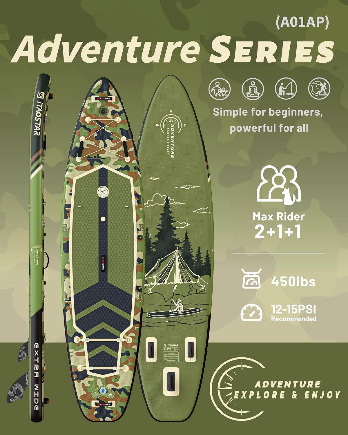 Tabla de paddle surf hinchable Adventure A01AP de 3,66 m x 89 cm