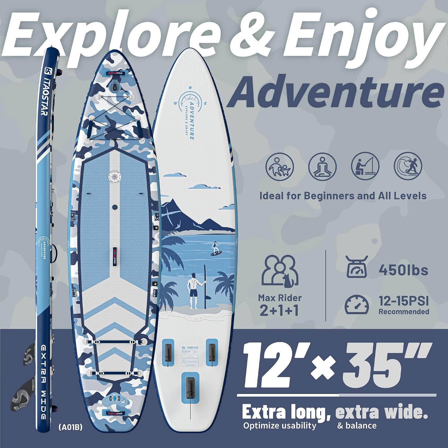 Tabla de remo de pie inflable Adventure A01BP de 12 pies × 35 pulgadas